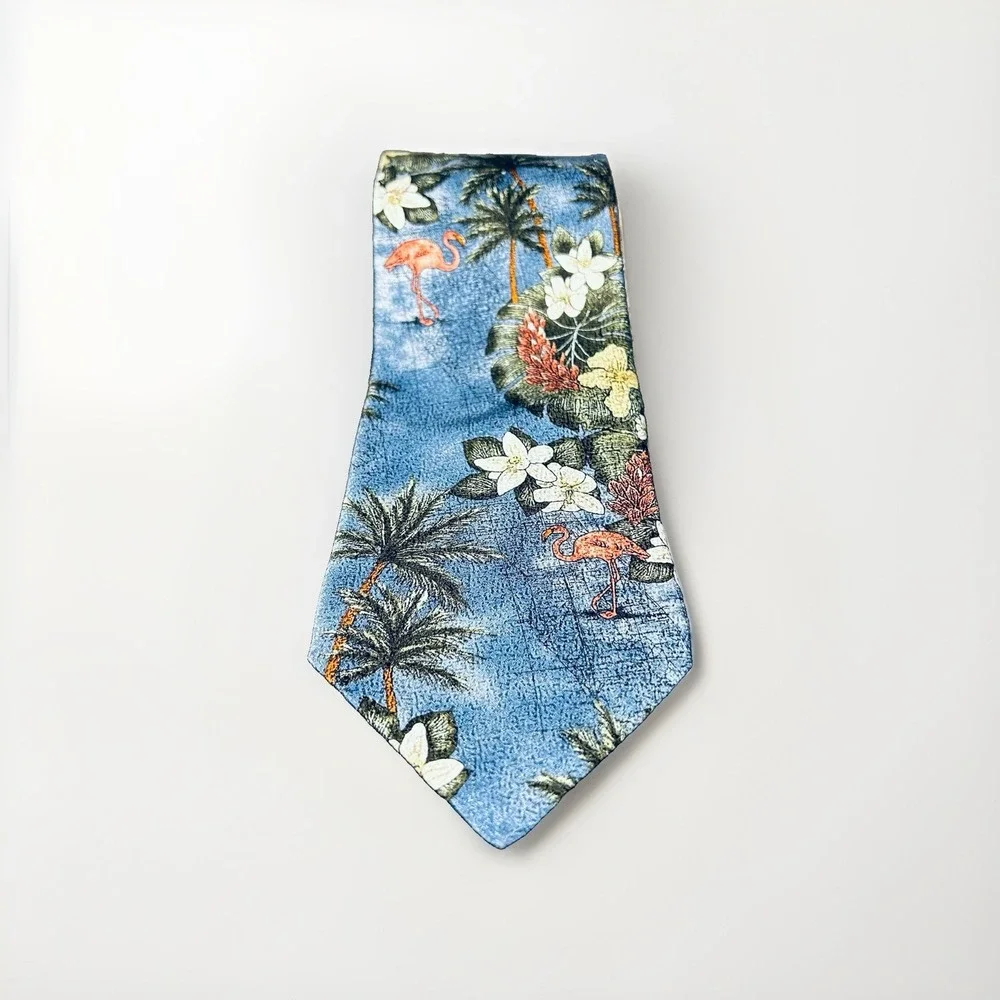 Tropicals by Tango Mens Silk Tie Blue Flamingo Palm Tree Floral USA 58x4 Vintage